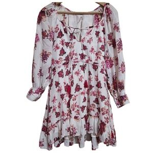 Free People Mini Dress Womens Small White Red Floral Boho Tassel Ruffle Hem